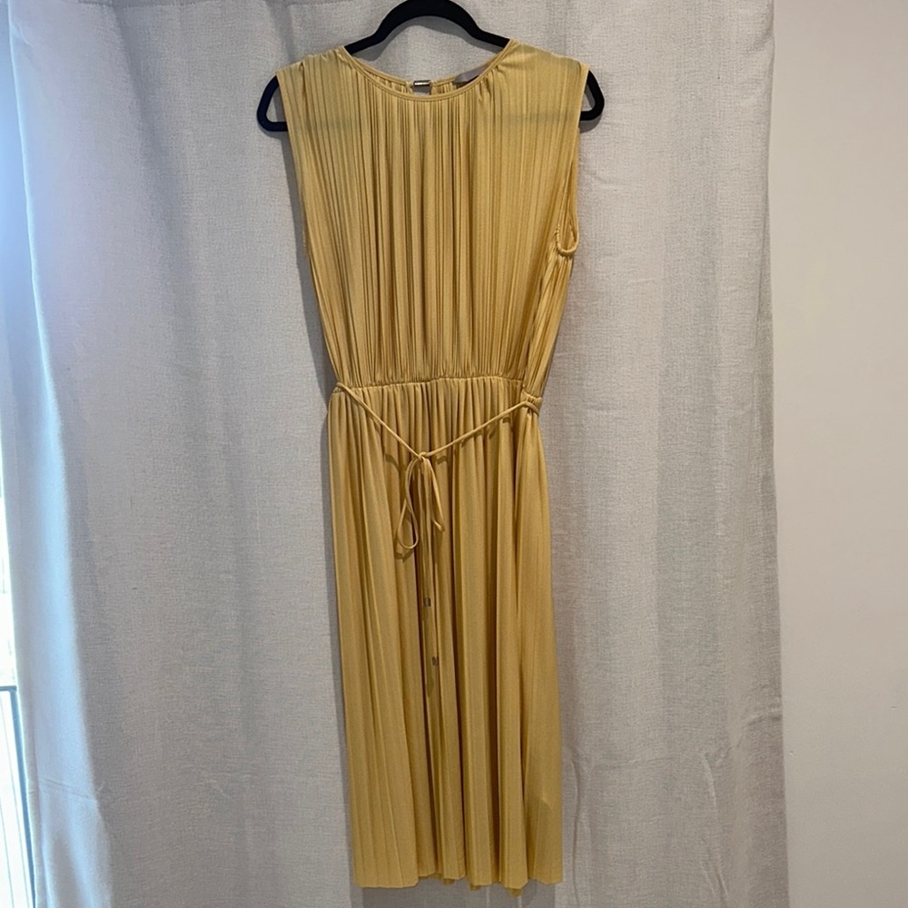 H&M Gold Pleated Sheath Midi Dress for Wedding Guest
